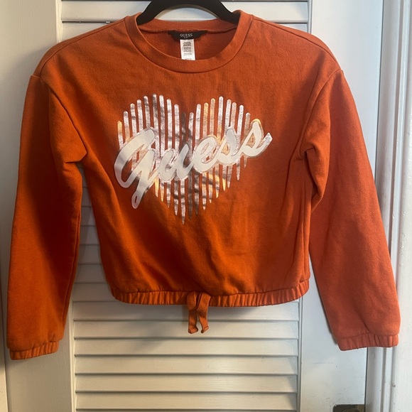 Guess Girls Cropped Orange Sweatshirt Size 8-10 Silver Metallic Heart Like New! - Picture 2 of 5